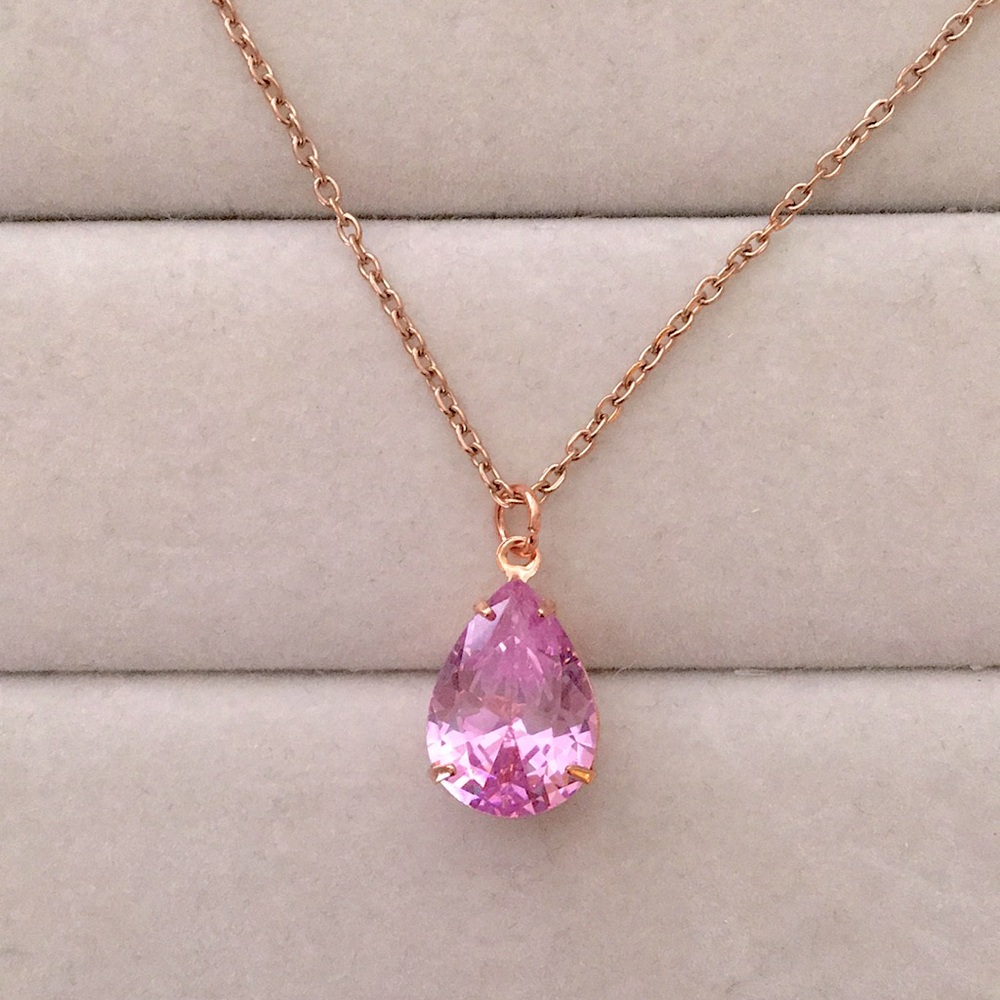 Rose Pink + Rose Gold Cubic Zirconia Pear Crystal Drop Pendant Necklace - Picture 10 of 10